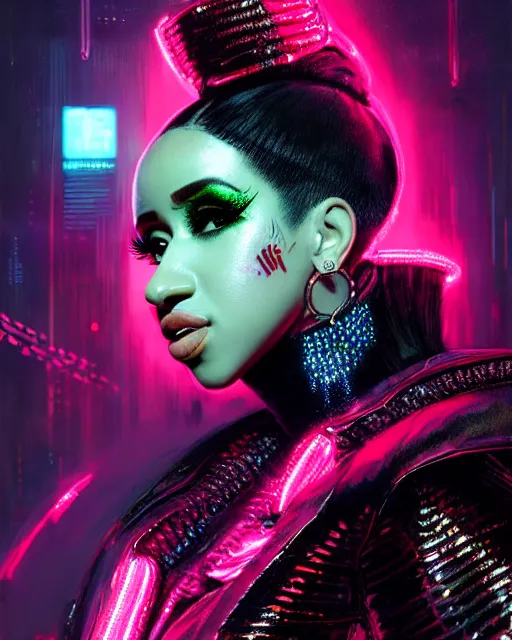 Prompt: detailed side profile portrait of Cardi B, cyberpunk futuristic neon, reflective puffy coat, decorated with traditional Japanese ornaments by Ismail inceoglu dragan bibin hans thoma greg rutkowski Alexandros Pyromallis Nekro Rene Maritte Illustrated, Perfect face, fine details, realistic shaded, fine-face, pretty face