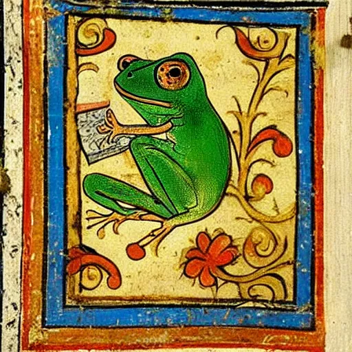 Image similar to beautiful medieval book manuscript painting of a frog wearing a crown