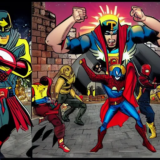 Prompt: superhero battle between egyptian superhero of the sun and zombie forces in new york in the style of marvel