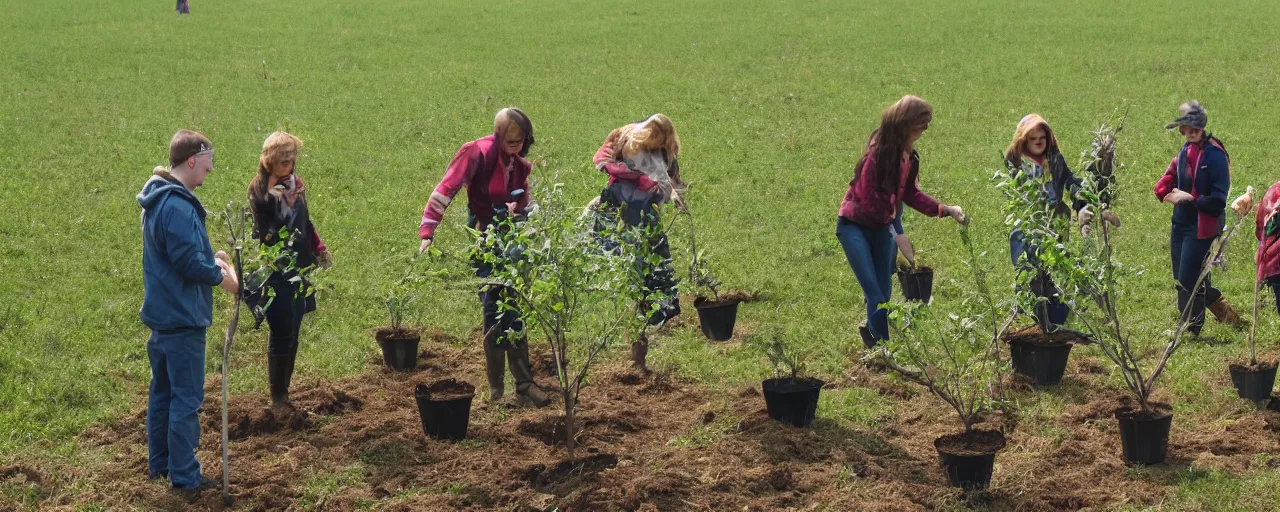 Prompt: Anthropomorphic tree planting humans in a field