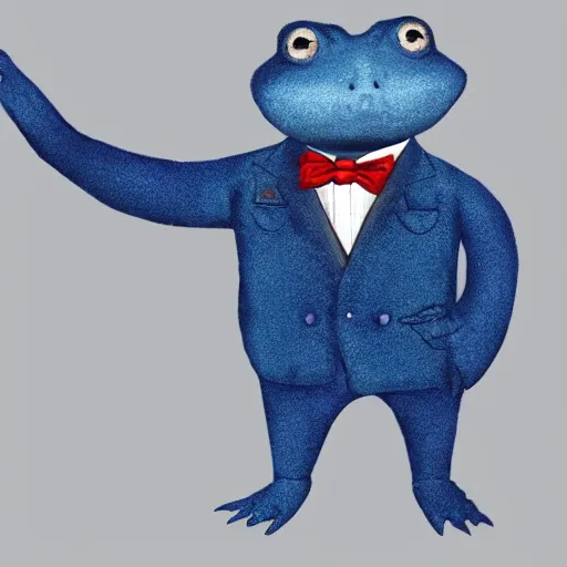 Prompt: blue salamander in a grey tuxedo and a bowtie character icon