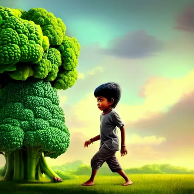 Prompt: epic professional digital art of an East Indian toddler boy walking beside a giant anthropomorphic friendly broccoli, best on artstation, cgsociety, wlop, Behance, pixiv, astonishing, impressive, outstanding, epic, cinematic, stunning, gorgeous, breathtaking comic style fantasy art, masterpiece.