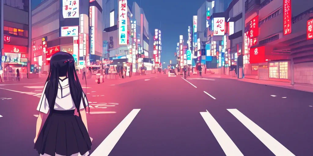 Prompt: a beautiful anime girl with black long hair wearing japanese uniform high school waiting for crosswalk under the red light, tokyo city background, makoto shinkai style, anime style digital art, 8 k