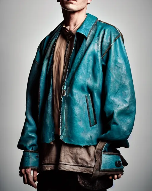 Prompt: an award - winning photo of a male model wearing a baggy teal distressed medieval leather menswear harrington jacket by issey miyake, 4 k, studio lighting, wide angle lens