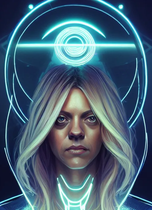 Image similar to symmetry! portrait of kaitlin olson, sci - fi, tech wear, glowing lights!! intricate, elegant, highly detailed, digital painting, artstation, concept art, smooth, sharp focus, illustration, art by artgerm and greg rutkowski and alphonse mucha