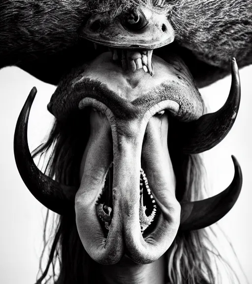 Prompt: Award winning Editorial up-angled photograph of Early-medieval Scandinavian Folk ostrich Baring its teeth with very long incredible hair and fierce hyper-detailed eyes by Lee Jeffries and David Bailey, 85mm ND 4, perfect lighting, a heart-shaped birthmark on the forehead, dramatic highlights, wearing traditional garb, With very huge sharp jagged Tusks and sharp horns, gelatin silver process