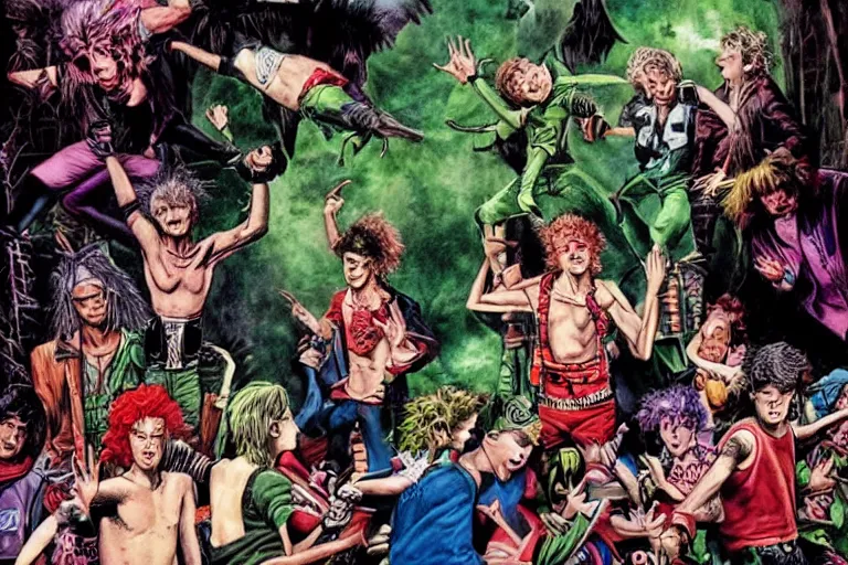 Image similar to 1 9 8 0's punk rock lost boys of neverland fighting an adult peter pan who abandoned them. london. art by glenn fabry. hyper realistic. london.