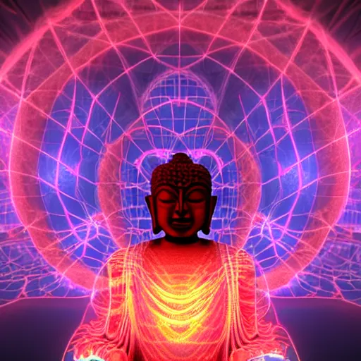Prompt: robotic lifeform buddha meditating in front of a beautiful fractal neural network :: Unreal Engine 3d render