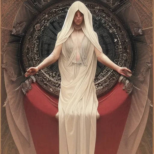 Prompt: a full body portrait of a beautiful ethereal delicate roman catholic bishopress meditative sacral pose catholic stages of the cross, intricate, elegant, highly detailed, digital painting, artstation, concept art, smooth, sharp focus, illustration, art by krenz cushart and artem demura and alphonse mucha