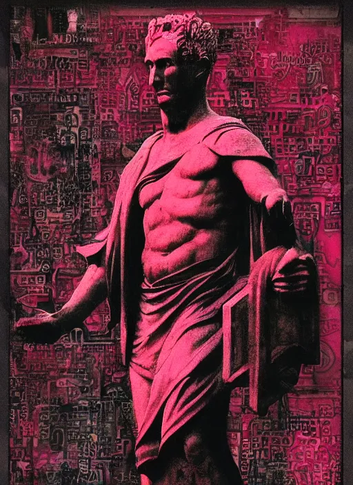 Image similar to design poster showing a statue of julius caesar, black background with very subtle red and purple design elements, powerful, nekro, guido crepax, graphic design, collage art, thin lines, dark, glitch art, neo vaporwave, gritty, layout frame, square, trending on artstation