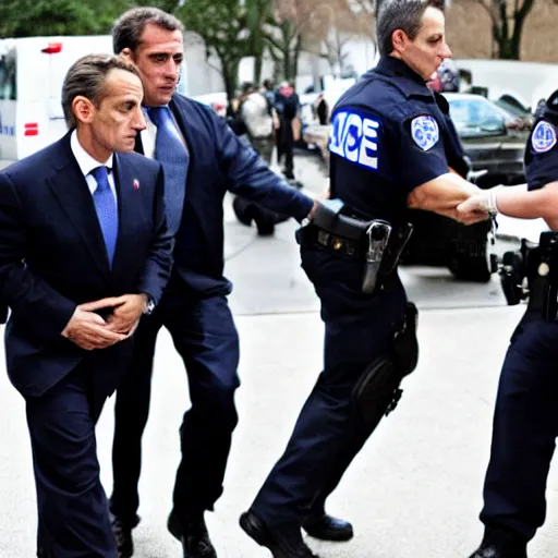 Prompt: fbi director Nicolas Sarkozy getting arrested by police agents, photo 85mm, f/1.3