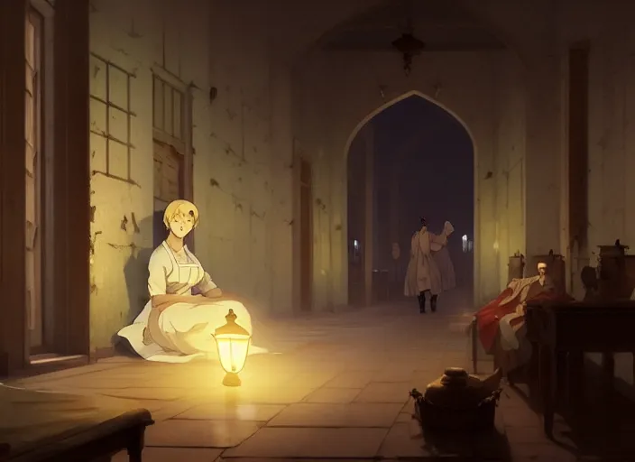 Image similar to 1 8 5 4 crimea, florence nightingale holding lamp, army hospital in scutari at night, wounded patients in beds on both sides of hospital ward, dirty floor, grimy walls, finely detailed perfect art, painted by greg rutkowski makoto shinkai takashi takeuchi studio ghibli