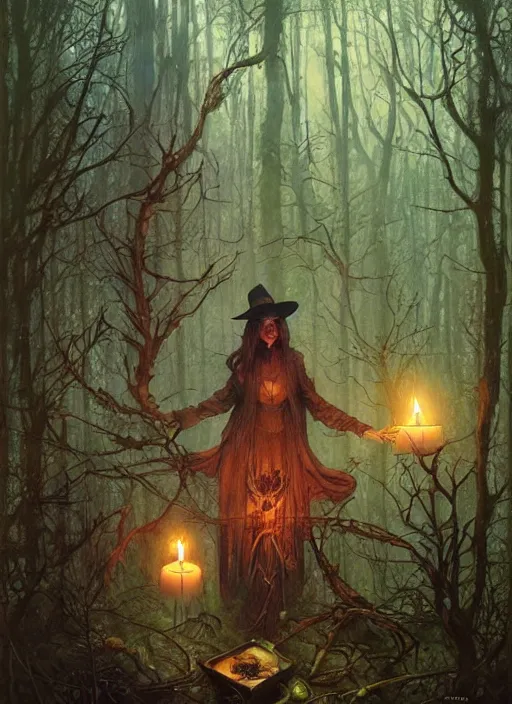 Image similar to a hyper realistic witch shrine, candles, in the woods, distant explosions, gorgeous lighting, lush forest foliage, painting by chiara bautista and tom bagshaw, mucha, beksinski and norman rockwell and greg rutkowski weta studio, and lucasfilm