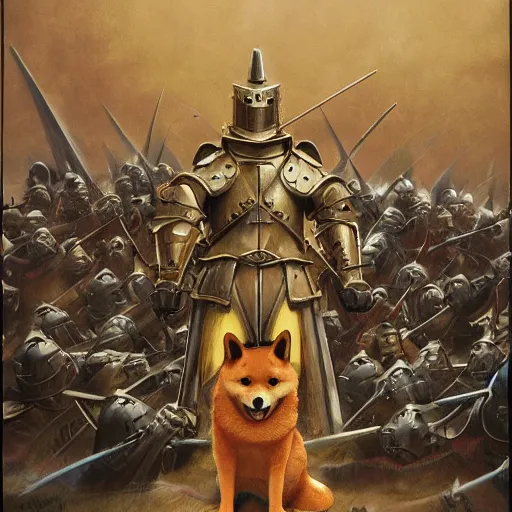 Image similar to anthropomorphic shiba inu is, army of knights wearing armor, anthropomorphic shiba inu medieval banquet, stuning fantasy 3 d render, masterpiece, glowing aura, by donato giancola and greg rutkowski and wayne barlow and zdzisław beksinski, realistic face