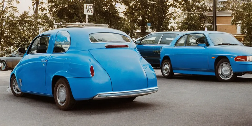 Prompt: a detailed color photography of a typical american blue car built in the year 2 0 0 0