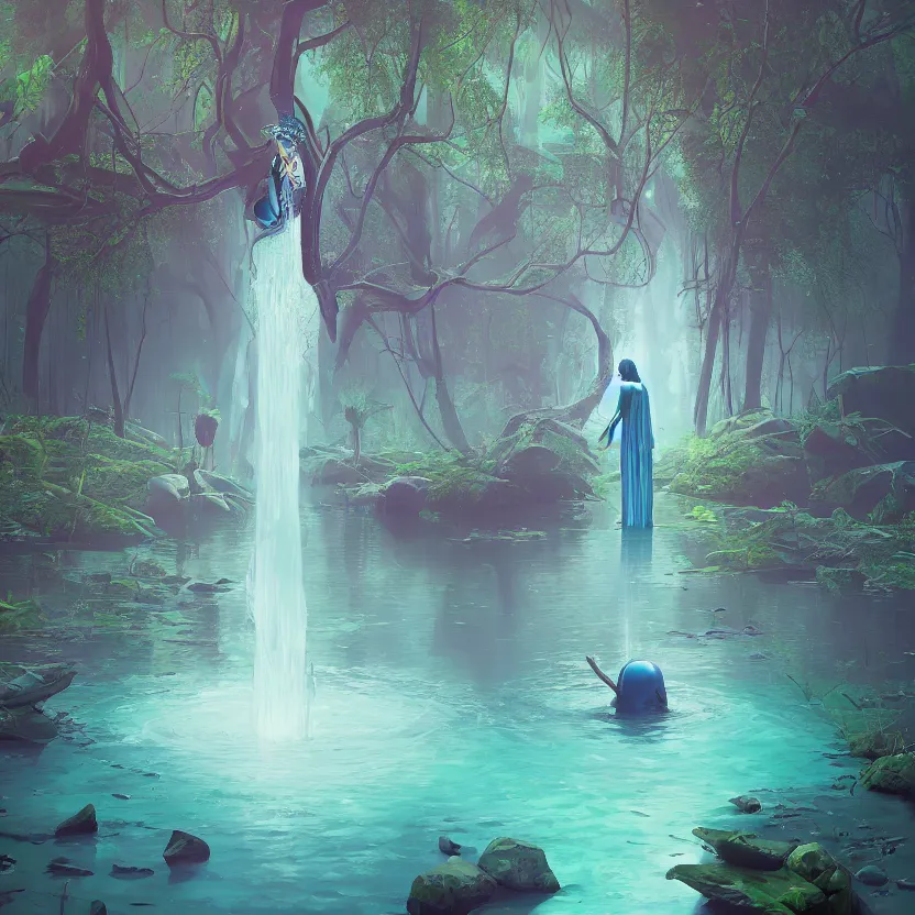 Image similar to tranquil queen submerging wisdom in the ecosystem acrylic painting by Beeple and CGSociety