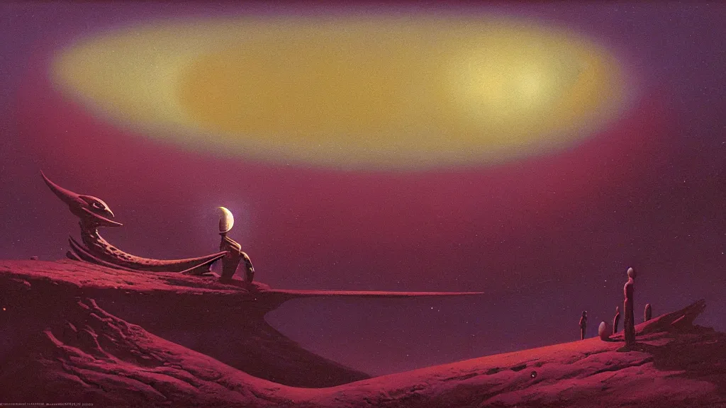 Image similar to mysterious whimsical sculpture of an alien crescent moon by paul lehr and john schoenherr and john harris, cinematic matte painting