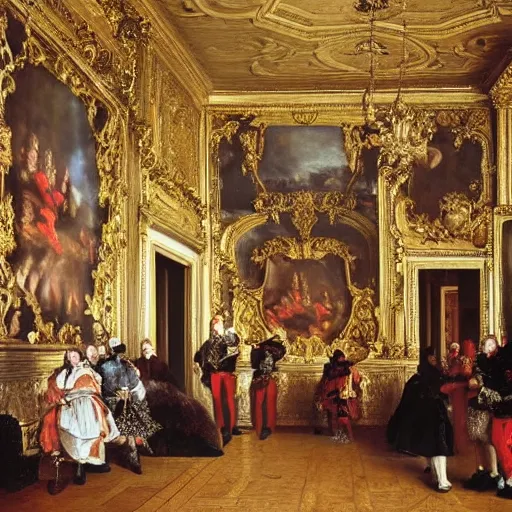 Image similar to fine art, oil on canvas baroque style by diego velasquez. the interior of the palace of versailles in france. fine art in the walls and