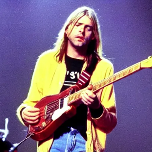 Image similar to Kurt Cobain (Nirvana) on stage at a concert if he was still alive today, 2022, alternate reality picture