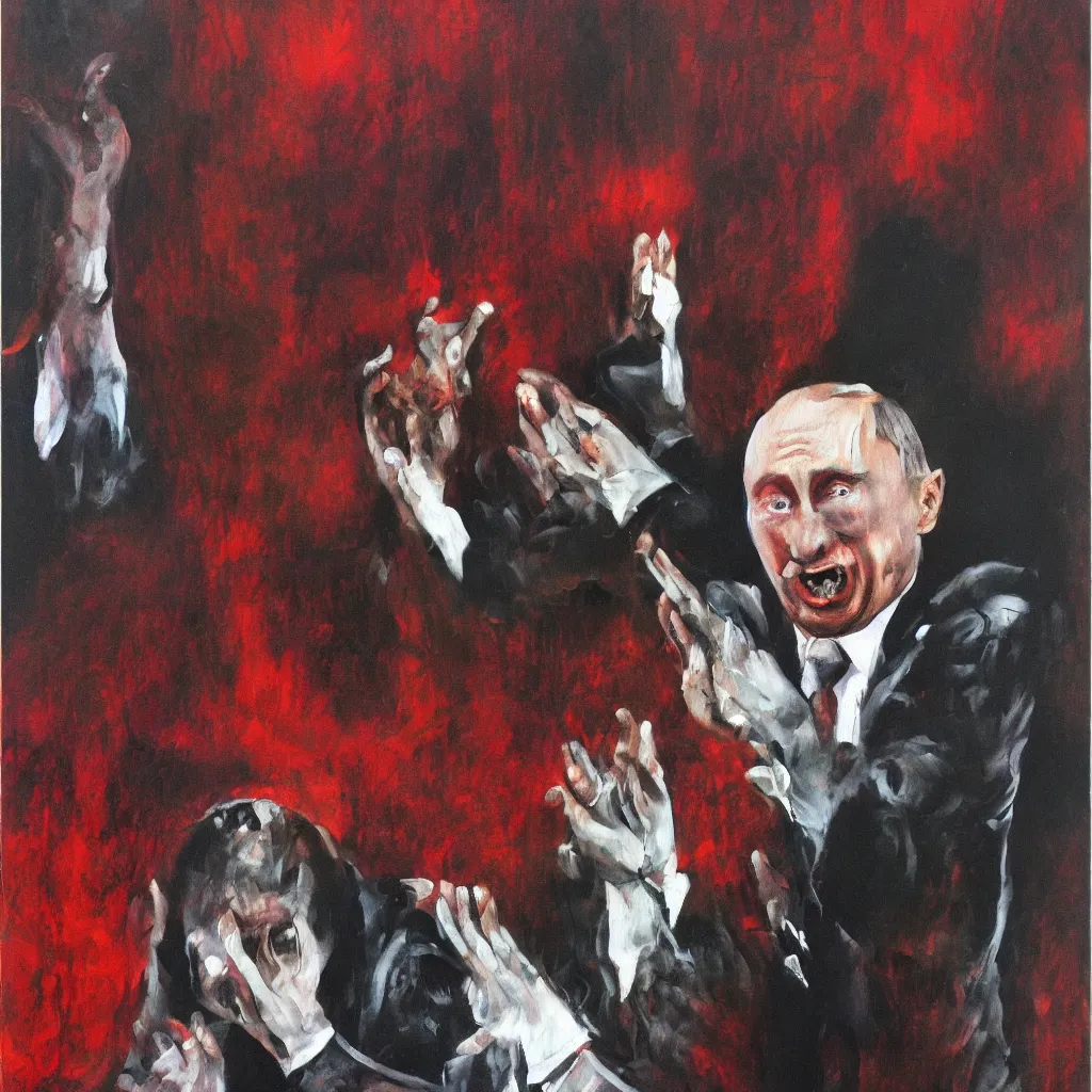 Image similar to oil painting of evil vladimir putin, screaming eyes wide shot art by francis bacon