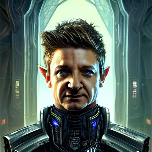 Image similar to portrait painting of a cyberpunk elven cop who looks like jeremy renner, ultra realistic, concept art, intricate details, eerie, highly detailed, photorealistic, octane render, 8 k, unreal engine. art by artgerm and greg staples and elsa beskow and brian froud and jessica rossier