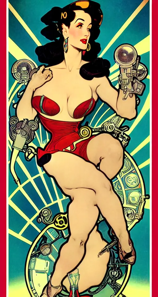 Image similar to a retro future science fiction pinup illustration of dita von teese, alphonse mucha, alberto vargas, gil elvgren, diesel punk.