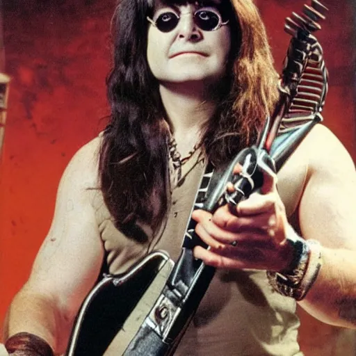 Prompt: ozzy osborne holding a rifle at zombies, photo