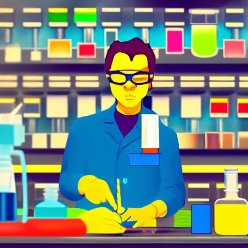 Image similar to character concept of a color scientist superhero mixing colors in his lab, detailed cinematic illustration digital art