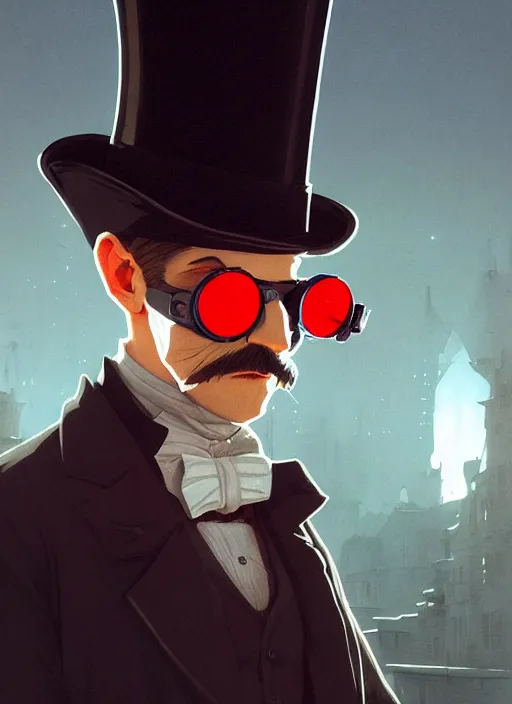 Image similar to highly detailed portrait of jack the ripper wearing goggles and a top hat, stephen bliss, unreal engine, greg rutkowski, loish, rhads, beeple, makoto shinkai and lois van baarle, ilya kuvshinov, rossdraws, tom bagshaw, tom whalen, alphonse mucha, global illumination, god rays, detailed and intricate environment