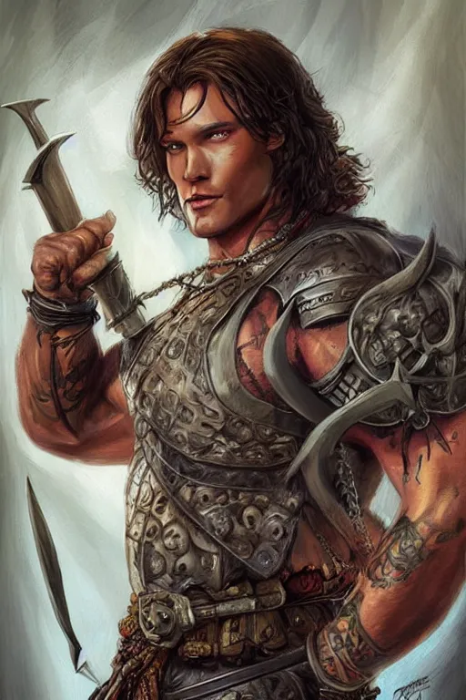 Image similar to portrait of attractive sam winchester as a rogue scotish warrior from the xii century, muscular body tattooed, d & d!, fantasy style, sharp focus!, ultra detailed, art by artgerm and peter andrew jones, wlop