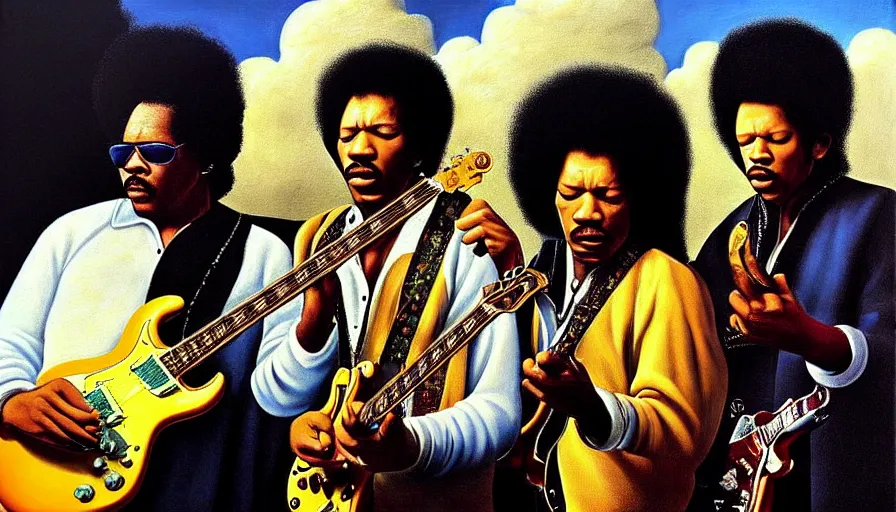 Image similar to photorealistic painting of tim maia, jimi hendrix and b. b king, with very highly detailed face, jamming with electric guitars, sitting on fluffy clouds. realism, beautiful, dramatic by grant wood, johannes vermeer and leonardo da vinci