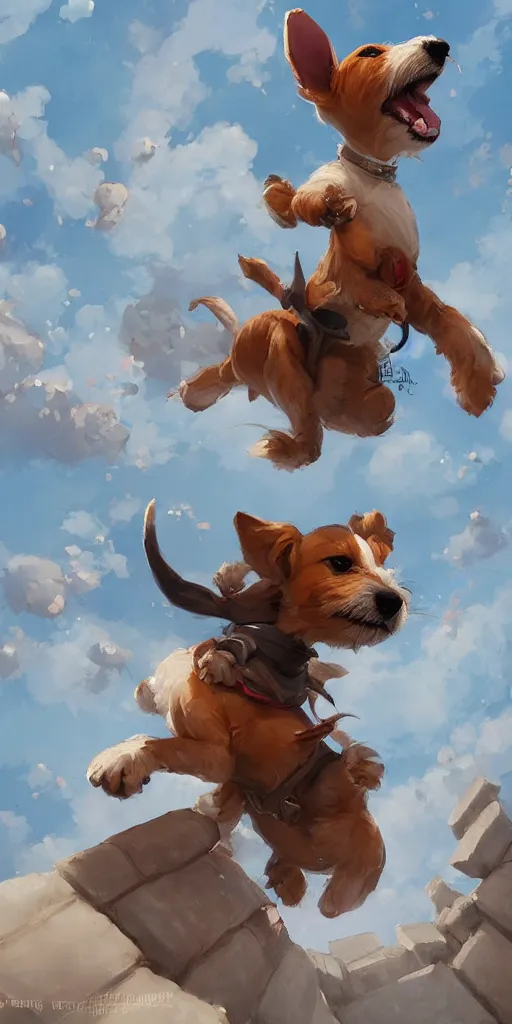 Prompt: adorable jack russel terrier jumping over a brick wall, fantasy art, artstation character design contest winner, trending on cgsociety, concept art, speedpaint, beautiful digital art, jesper ejsing, james jean, justin gerard, fenghua zhong, makoto shinkai, highly detailed