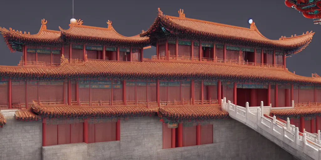 Image similar to ultra detailed photorealistic chinese palace, cinematic light, sci fi, glossy, cybernetic machines, futuristic decor, trending on artstation, global illumination, ultra realistic illustration, matte painting, high detailed, unreal engine, octane render, 4 k, hd, high quality