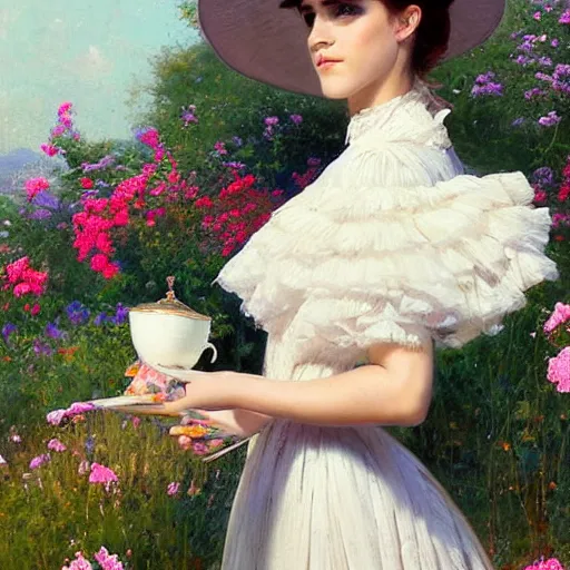 Image similar to thick paint brush strokes full body fashion model emma watson by Jeremy Lipking by Hasui Kawase by Richard Schmid (((smokey eyes makeup eye shadow fantasy, glow, shimmer as victorian woman in a long white frilly lace dress and a large white hat having tea in a sunroom filled with flowers, roses and lush fern flowers ,intricate, night, highly detailed, dramatic lighting))) , high quality