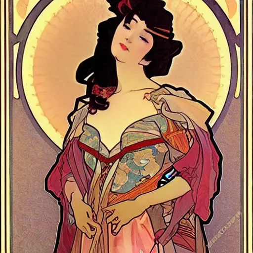 Image similar to beautiful women with oriental faces, character portrait, sharp, art by alphonse maria mucha