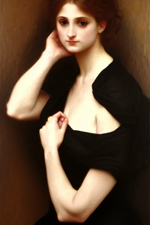 Prompt: lady in black dress, painting by rossetti bouguereau, detailed art, artstation