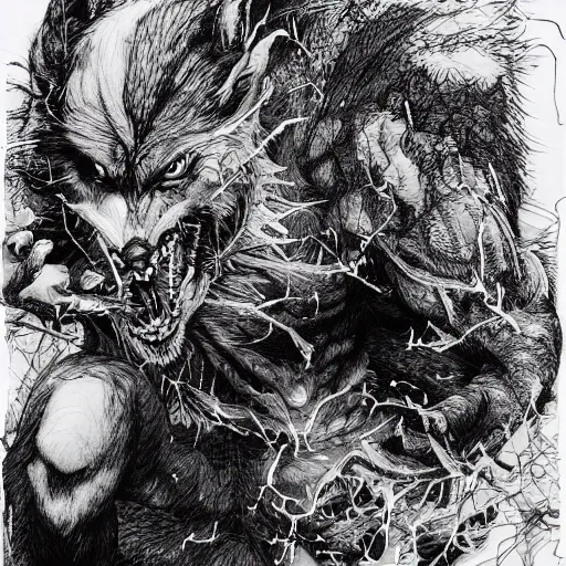 Image similar to Jordan Peterson werewolf talking at a podium, pen and ink, intricate line drawings, by Yoshitaka Amano, Ruan Jia, Kentaro Miura, Artgerm, watercolor