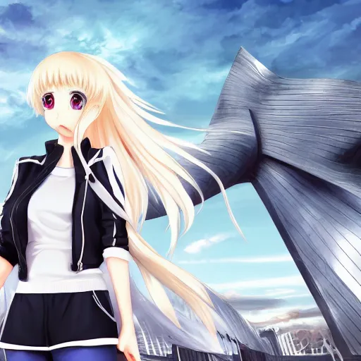 Image similar to aristocratic platinum - blonde - haired hime - cut blue - eyed princess wearing white leggings and black jacket, standing next to communist monument, anime, hd anime wallpaper, drawn by artgerm