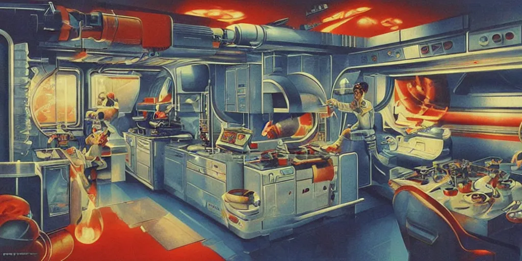 Prompt: soviet retro - futuristic kitchen, space station by drew struzan