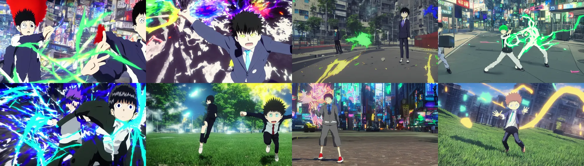 Prompt: a screenshot of a Mob Psycho 100 Third Person anime style game on Unreal engine 5, Incredible VFX, Highly Detailed, Vibrant, created by Arc System Works + Studio Gainax