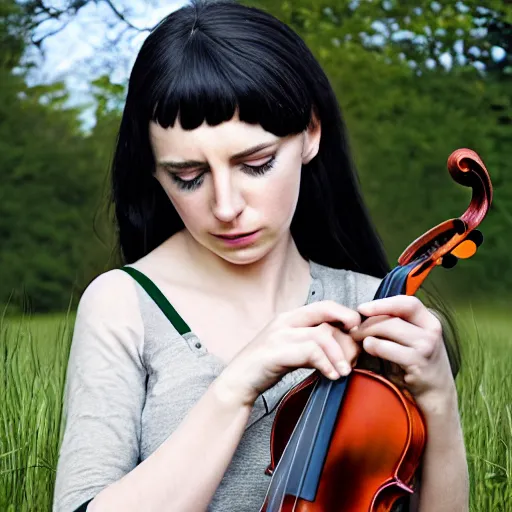 Prompt: irish girl, extremely detailed, black hair, a gate, in a field playing violin, sharp focus, portrait, smooth, digital illustration.