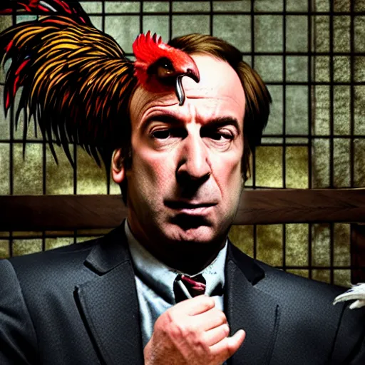 Image similar to saul goodman and a rooster in a medieval torture chamber, saw blades and knives in the background, horror movie, saul goodman, rooster!!!!, real life photo, highly detailed face