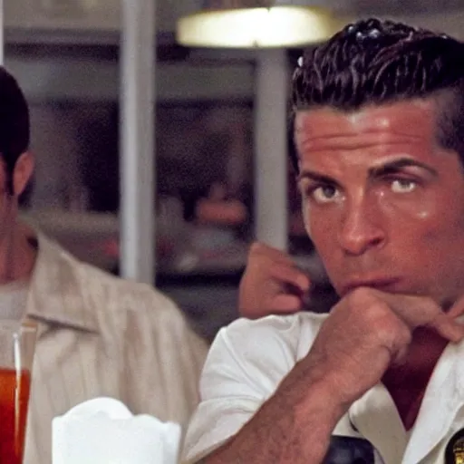 Image similar to movie still of the diner scene in the movie Heat, rendering of cristiano ronaldo as mccauley,