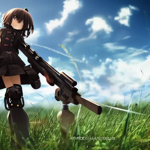 Prompt: anime girl shooting steampunk robots in the distance with a sniper, sharp focus, beautiful, grass, clouds, sunny, extremely detailed, steampunk uniform, sparks, cinematic lighting, epic, intense,