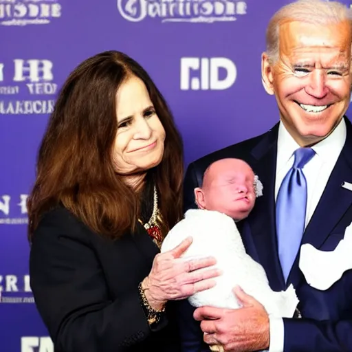 Image similar to Joe Biden and Ozzy Osbourne show off their newborn baby at a press conference, high quality, close up