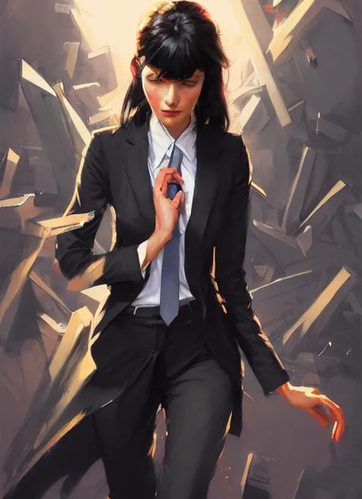 Image similar to a ultradetailed beautiful panting of a stylish woman wearing a shirt with a tie, she has black hair, disressed, background explosion, by jesper ejsing, jon foster, greg rutkowski on artstation