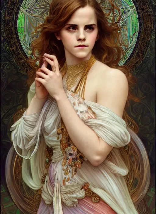 Prompt: Emma Watson as God of Beauty, cute, fantasy, intricate, elegant, highly detailed, digital painting, 4k, HDR, concept art, smooth, sharp focus, illustration, art by alphonse mucha,artgerm, H R Giger