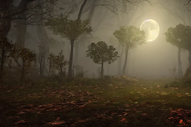 Prompt: unreal engine hyperreallistic render 8k highly detailed 4K fantasy matte painting of a spooky moonlit forest at night in october