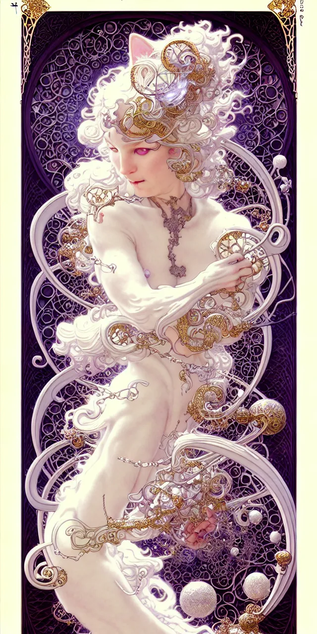 Image similar to beautiful white fluffy cat art nouveau fantasy character portrait, ultra realistic, intricate details, the fifth element artifacts, highly detailed by peter mohrbacher, hajime sorayama, wayne barlowe, boris vallejo, aaron horkey, gaston bussiere, craig mullins alphonse mucha, art nouveau curves swirls and spirals, flowers pearls beads crystals jewelry goldchains scattered