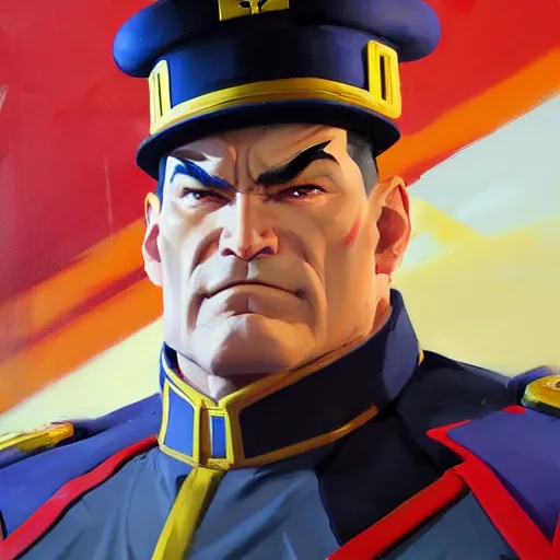 Image similar to Greg Manchess portrait painting of M. Bison as Overwatch character, medium shot, asymmetrical, profile picture, Organic Painting, sunny day, Matte Painting, bold shapes, hard edges, street art, trending on artstation, by Huang Guangjian and Gil Elvgren and Sachin Teng